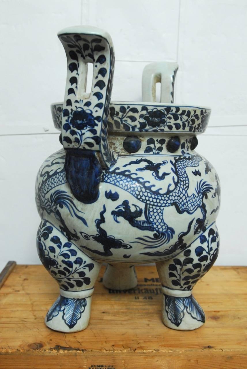 20th Century Monumental Chinese Blue and White Dragon Tripod Censer