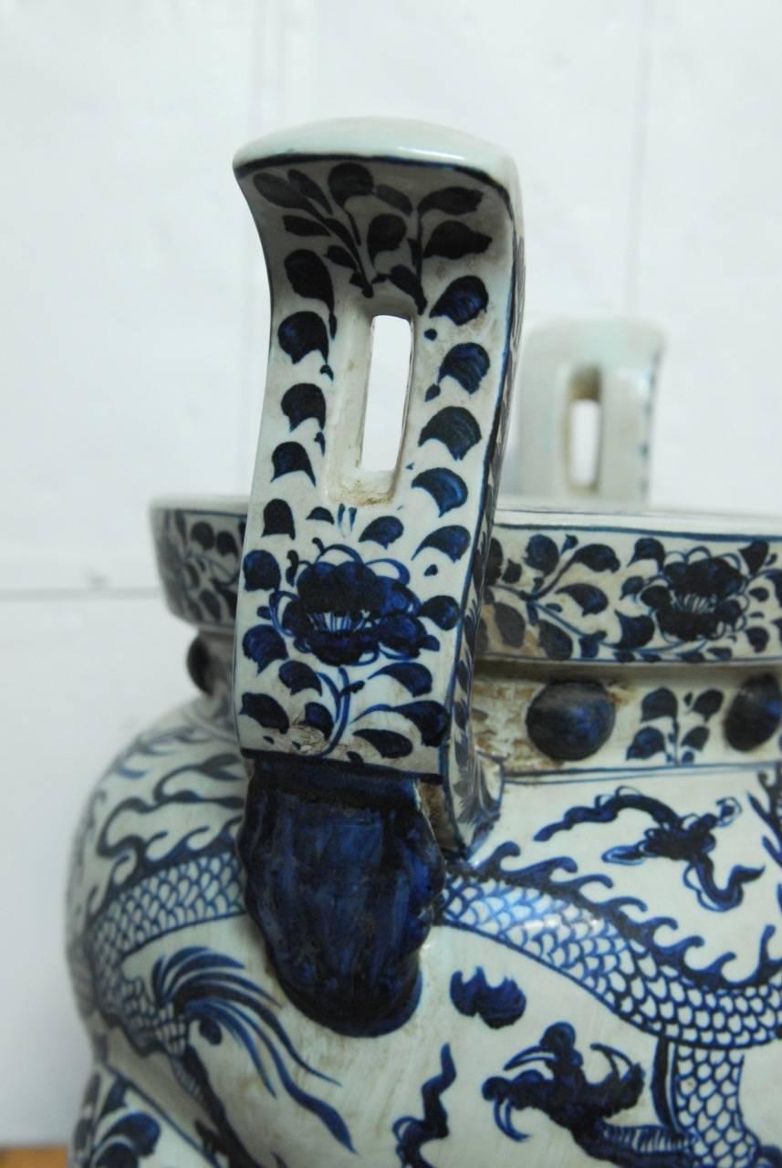 Ceramic Monumental Chinese Blue and White Dragon Tripod Censer