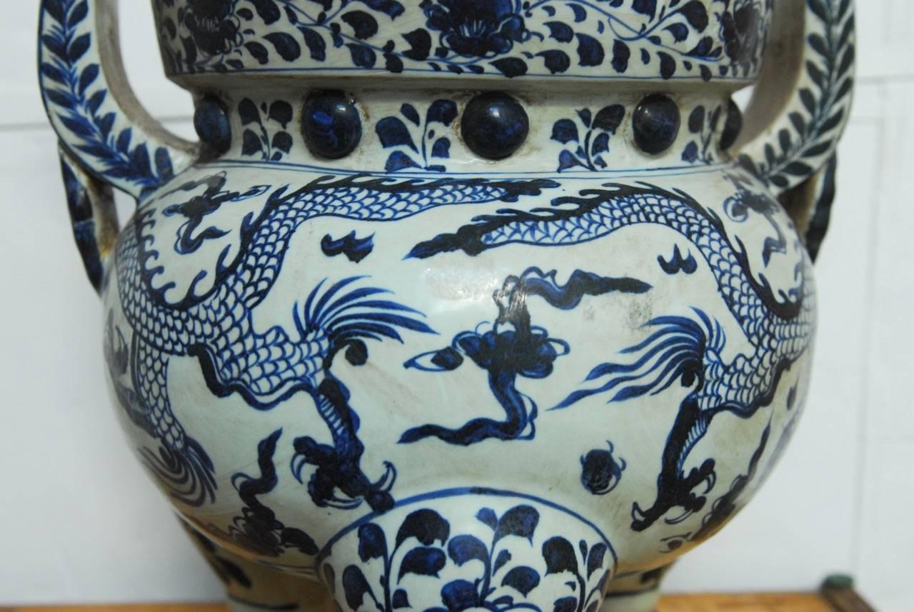 Monumental Chinese Blue and White Dragon Tripod Censer 1