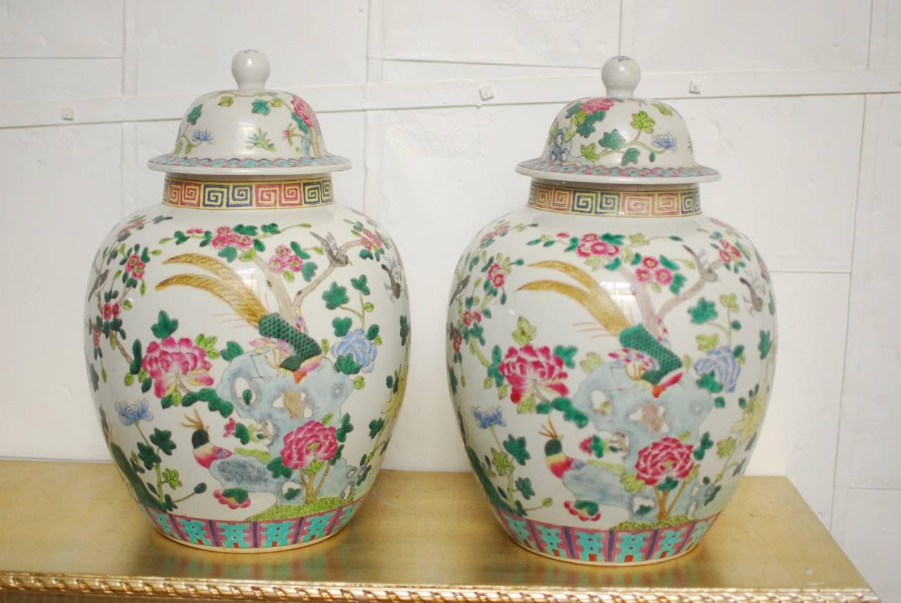 20th Century Pair of Chinese Famille Rose Porcelain Ginger Jars