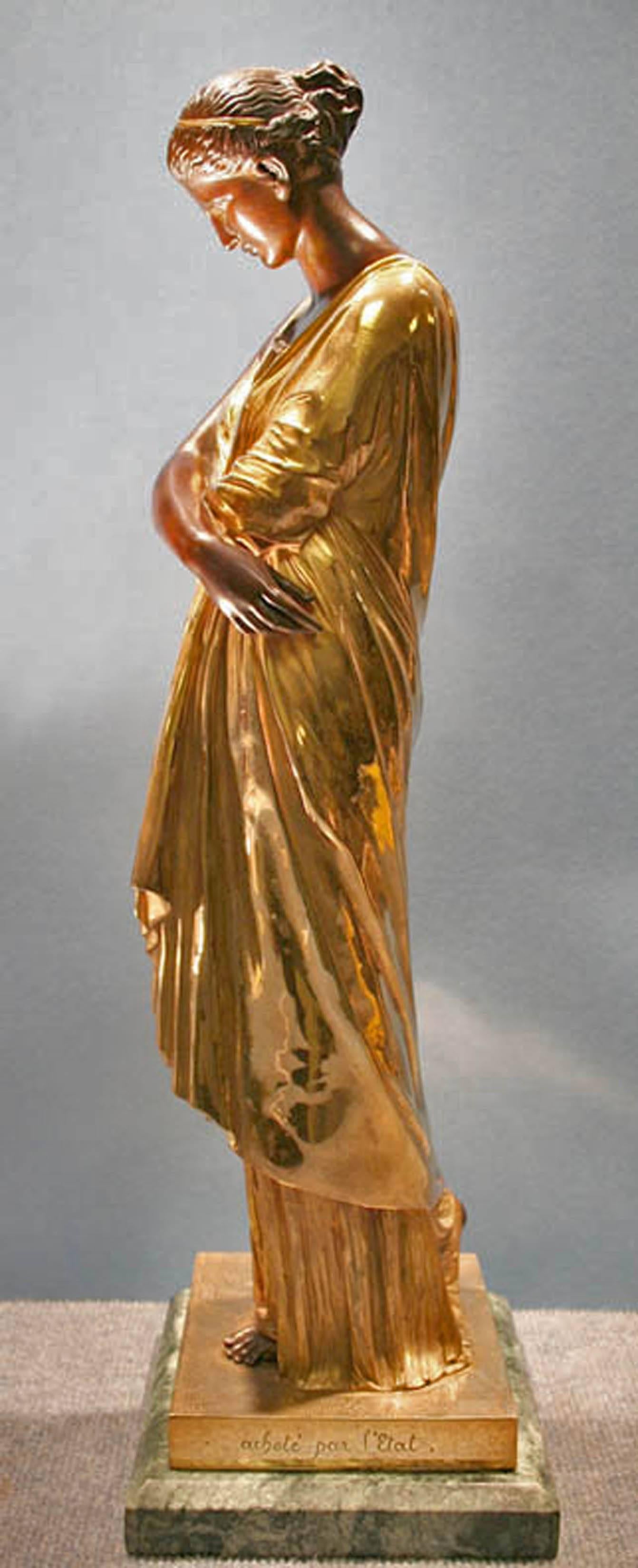 Belle Époque Gilt Bronze Statue of a Maiden by Auguste Marie Barreau For Sale