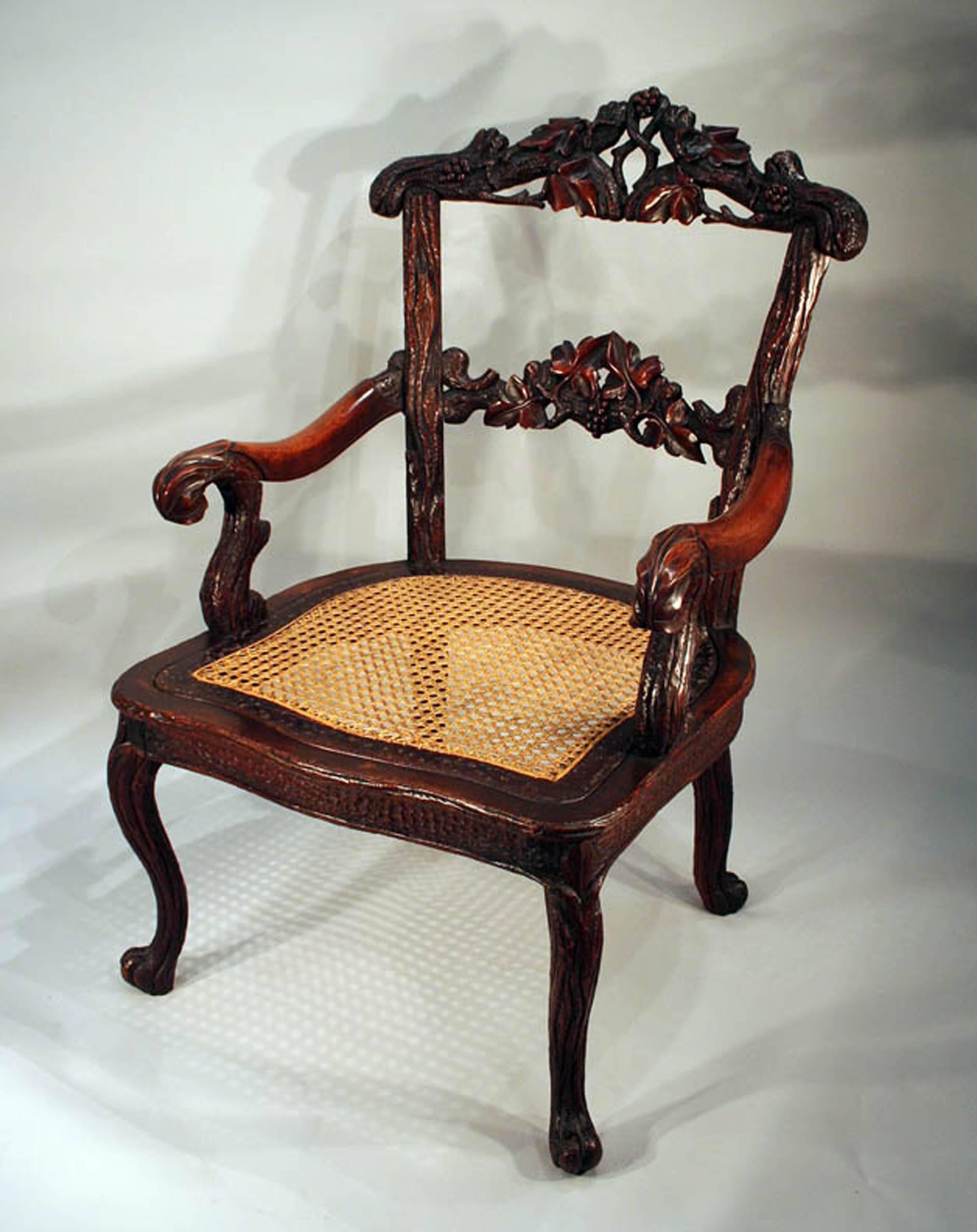 Swiss 19th Century Black Forest Carved Wood Armchair, European For Sale