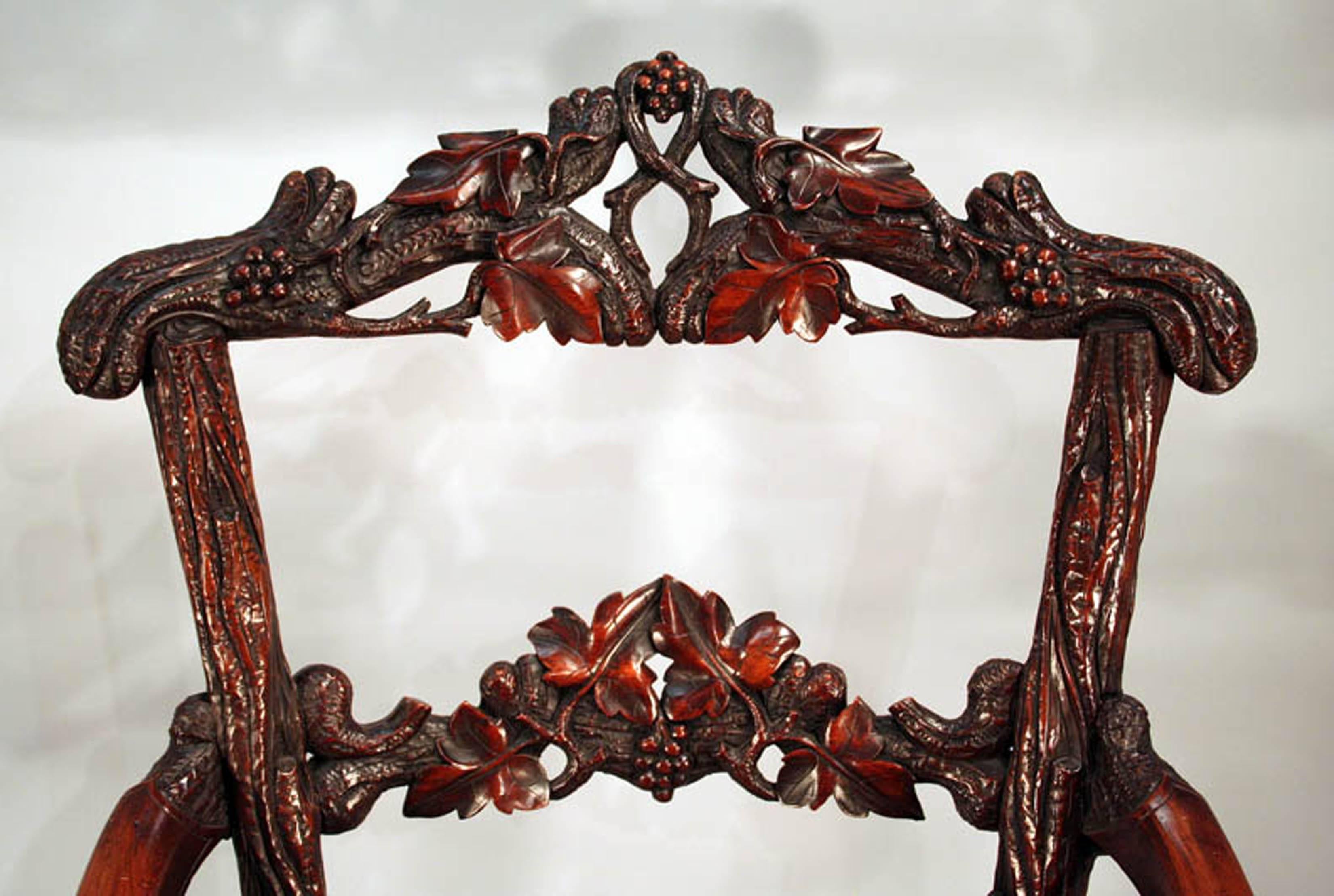 Walnut 19th Century Black Forest Carved Wood Armchair, European For Sale