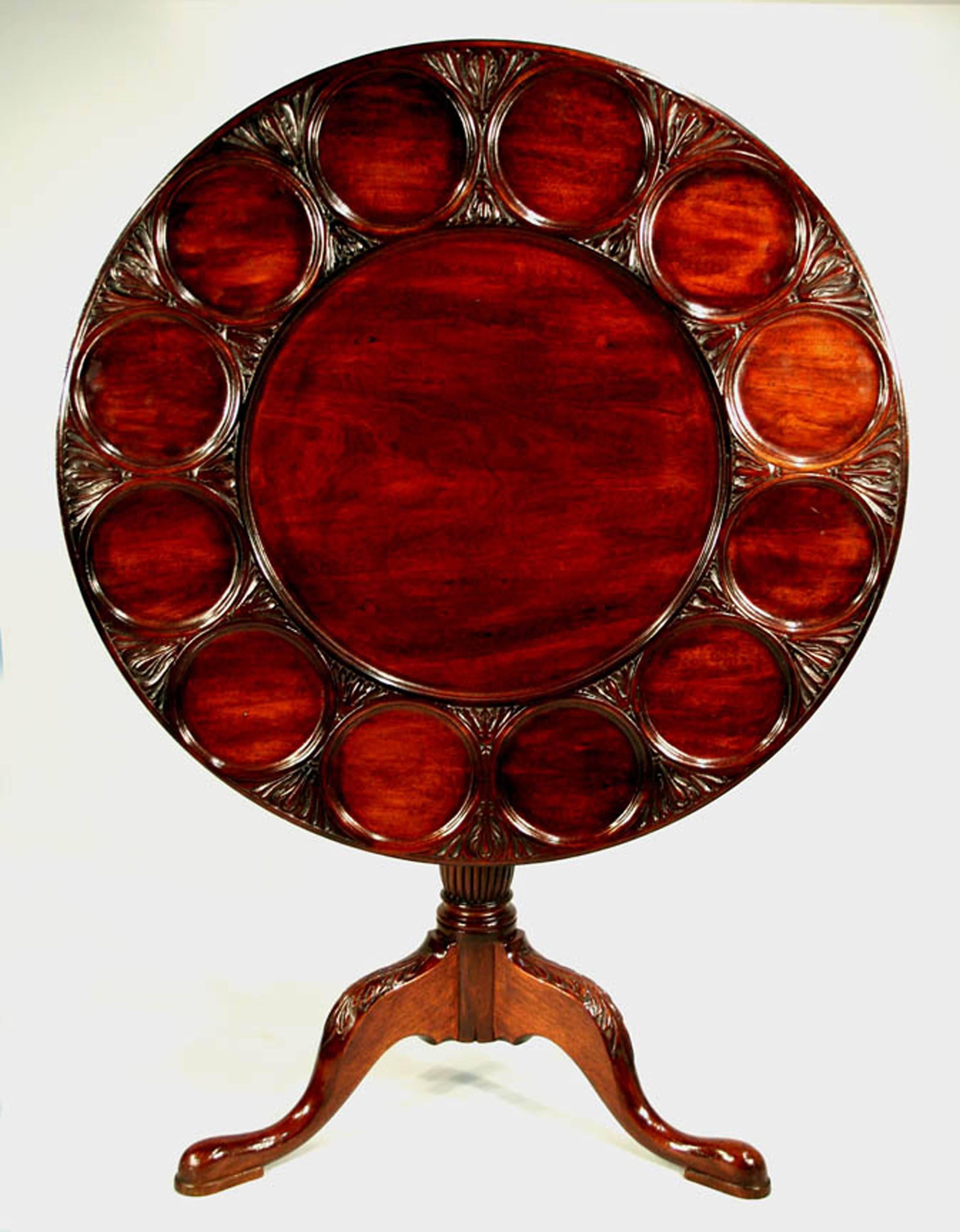 Fine antique English supper table in mahogany, having
a circular, carved tilt top above a turned pillar and 
raised on cabriole legs with acanthus carved knees and 
pad feet. Circa 1840-500.

Diameter: 34”
Height, open: 28”