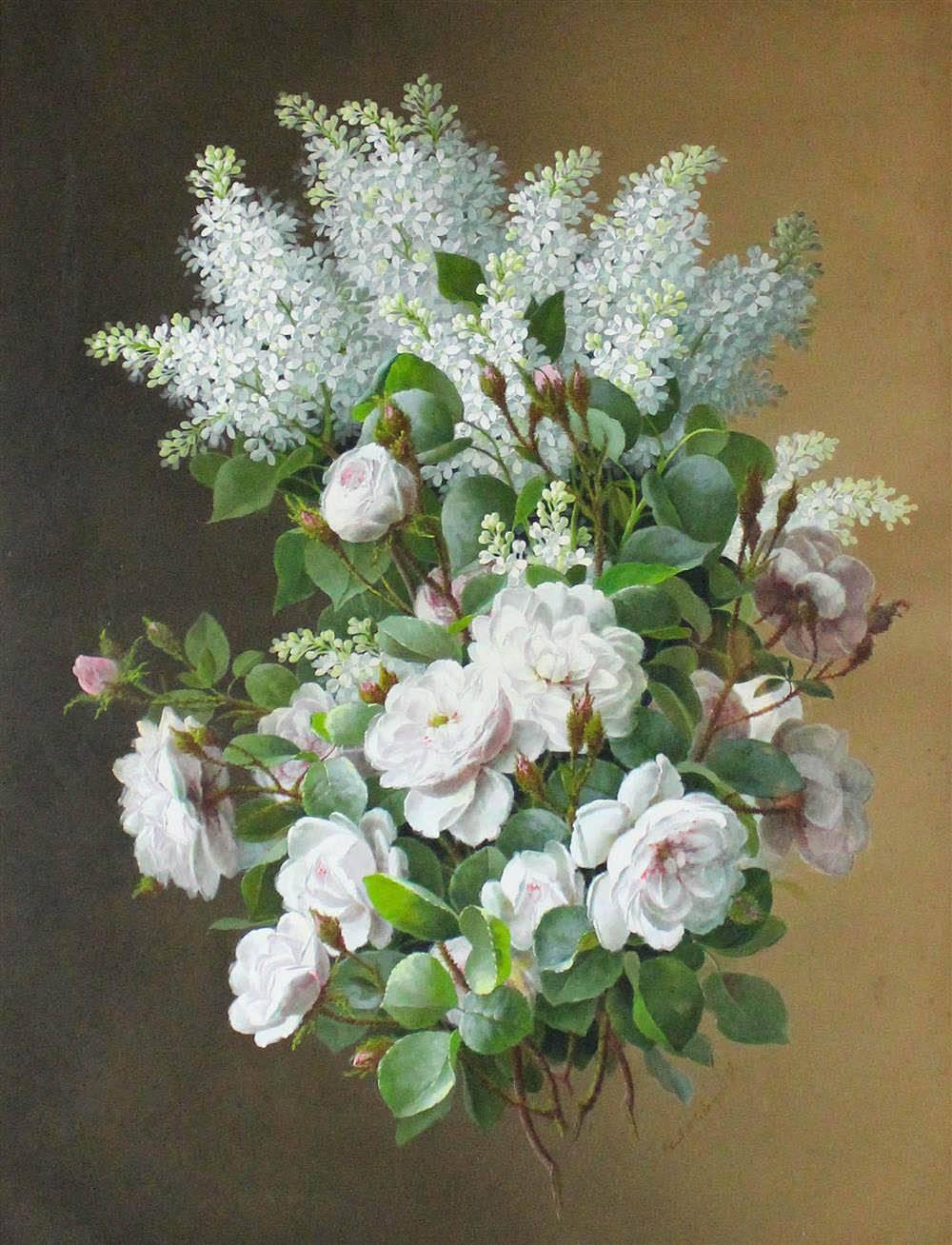 Raul Maucherat de Longpré (French, 1843-1911).

Bouquet of lilacs and bouquet of lilacs and roses.

Watercolor and gouache on paper, signed lower right.

Sight size: 24.5” x 19.5”.
Frame size: 39.25” x 34.25”. 

De Longpré was born to a