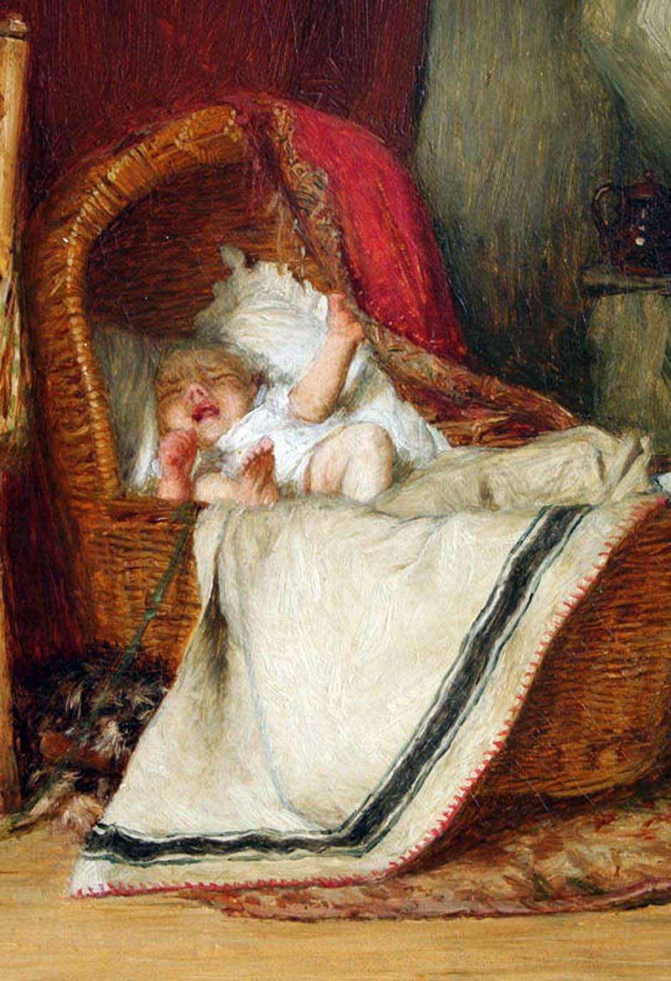 John Burr  (Scots English, 1831-1893)

Young Girl Caught Napping with Crying Baby

Oil on canvas, signed lower left and dated: “1867”

Painting size:  15.5” x 26.5”
Frame size:  22.5” x 33”

A student of Scotish artist, Scott Lauder, John