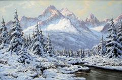 20th Century Oil Painting of Snowy Mountain Landscape by Laszlo Neogrady