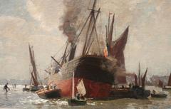 20th Century Marine Oil Painting, Beached Boats on the Thames by C. Wagner