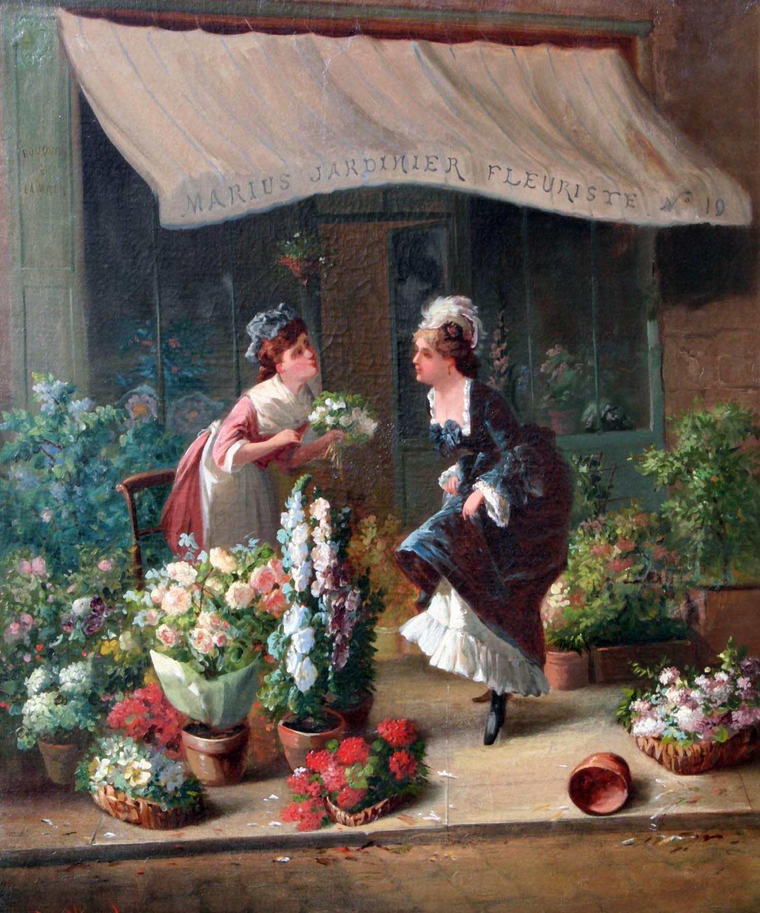 Canvas 19th Century French Oil Painting of Woman Selling Flowers by L. Souillard For Sale