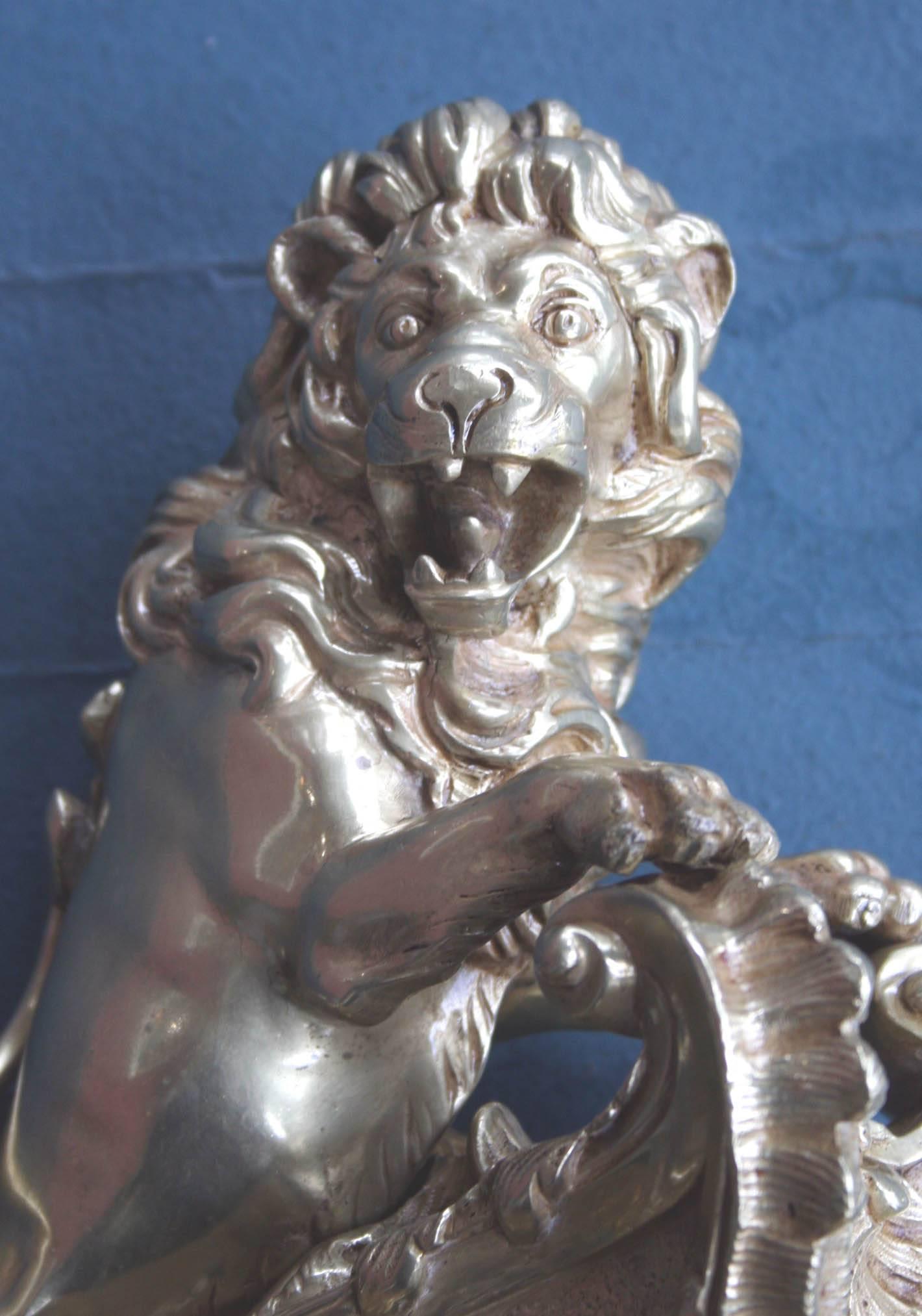Exceptional Pair of 19th Century French Lion-Form Gilt Bronze Chenet For Sale 1
