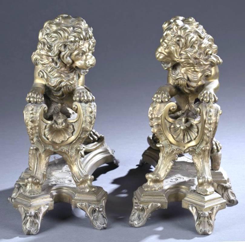 Exceptional Pair of 19th Century French Lion-Form Gilt Bronze Chenet In Good Condition For Sale In Alexandria, VA