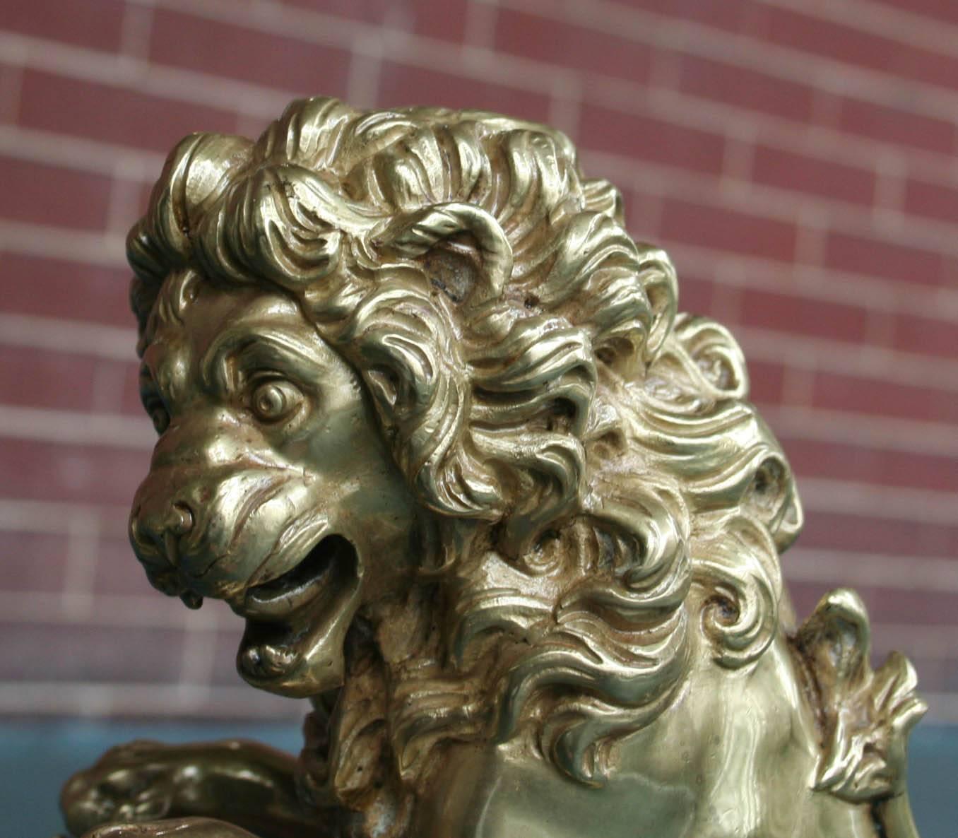 Louis XV Exceptional Pair of 19th Century French Lion-Form Gilt Bronze Chenet For Sale