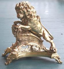 Exceptional Pair of 19th Century French Lion-Form Gilt Bronze Chenet