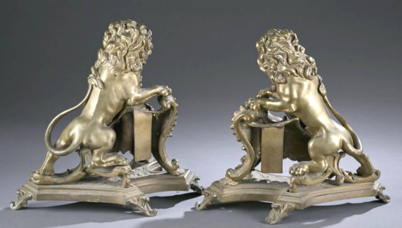 Exceptional Pair of 19th Century French Lion-Form Gilt Bronze Chenet For Sale 2