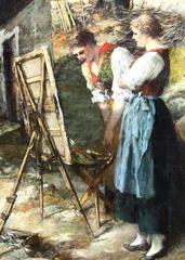 Painting of Two Young Women in the Tyrol by Ferdinand Leeke