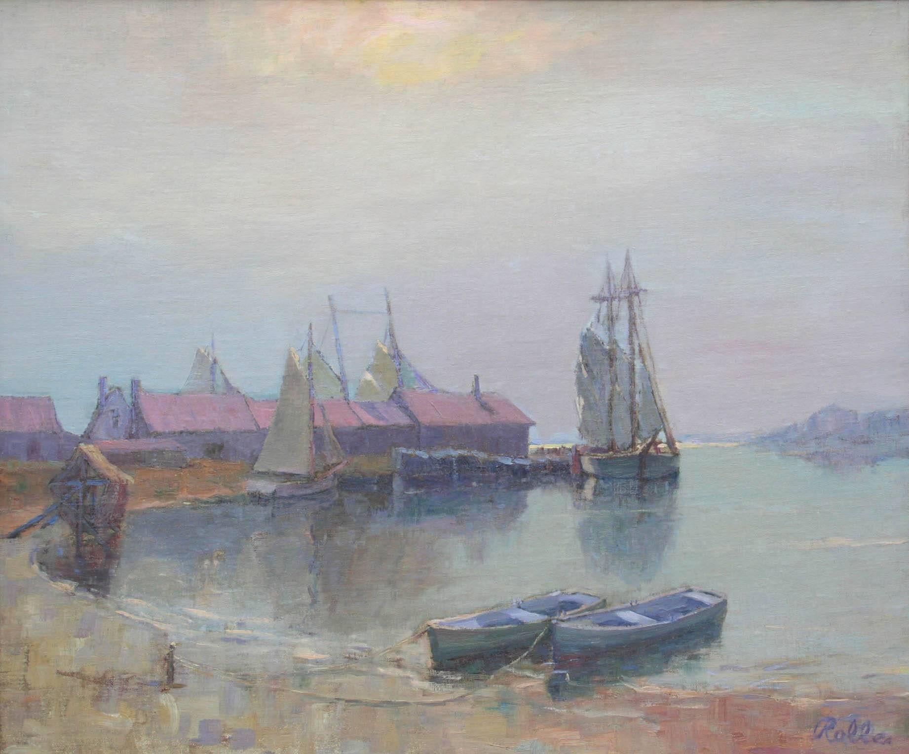 Early 20th Century American Harbor Scene by August H.O. Rolle In Good Condition For Sale In Alexandria, VA