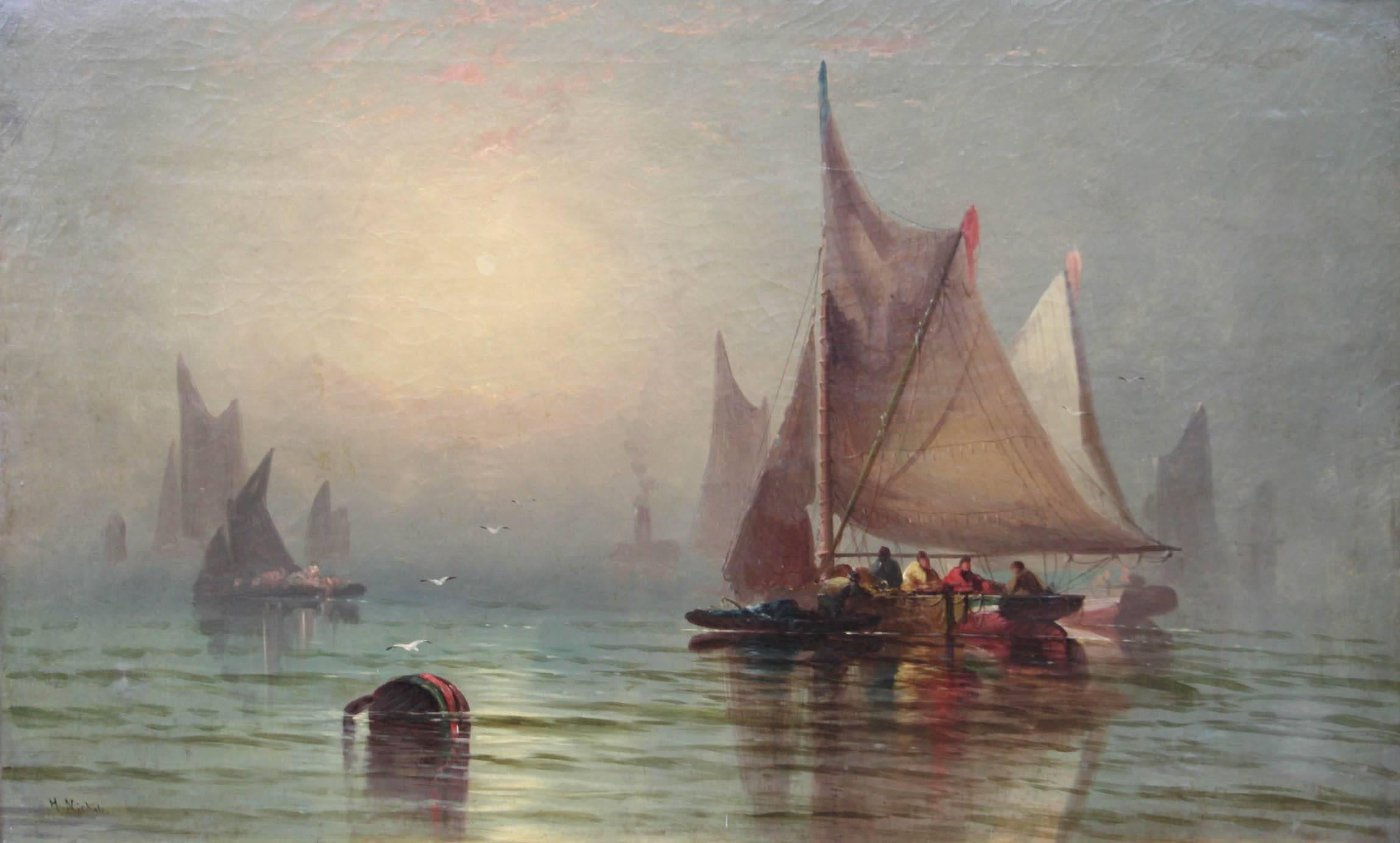 Henry Hobart Nichols, Jr. (American 1869-1962).

Fishing boats in Harbor.

Oil on canvas, signed lower left. 

Painting size: 22” x 36”.
Frame size: 33” x 47”.

 A painter and illustrator, Nichols was born in Washington, DC. His father was