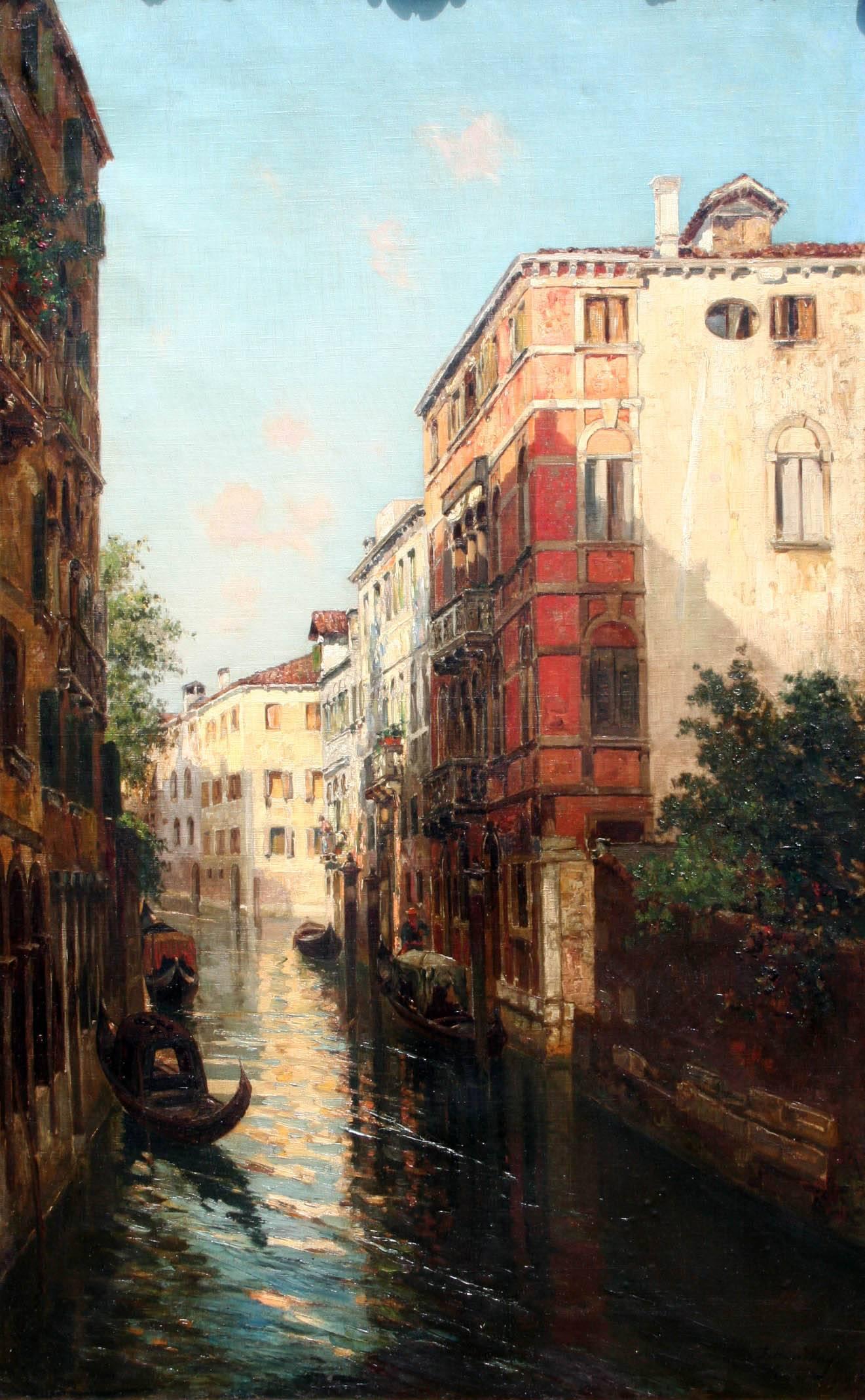 Bernardo Hay (British/Italian 1864-1931).
Venetian canal in sunlight and shadow.
Oil-on-canvas, signed lower right and dated “1899.”

Painting size: 37.75” x 23.5”.
Frame size: 47.5” x 33”.

Although usually listed as a British artist, Hay
