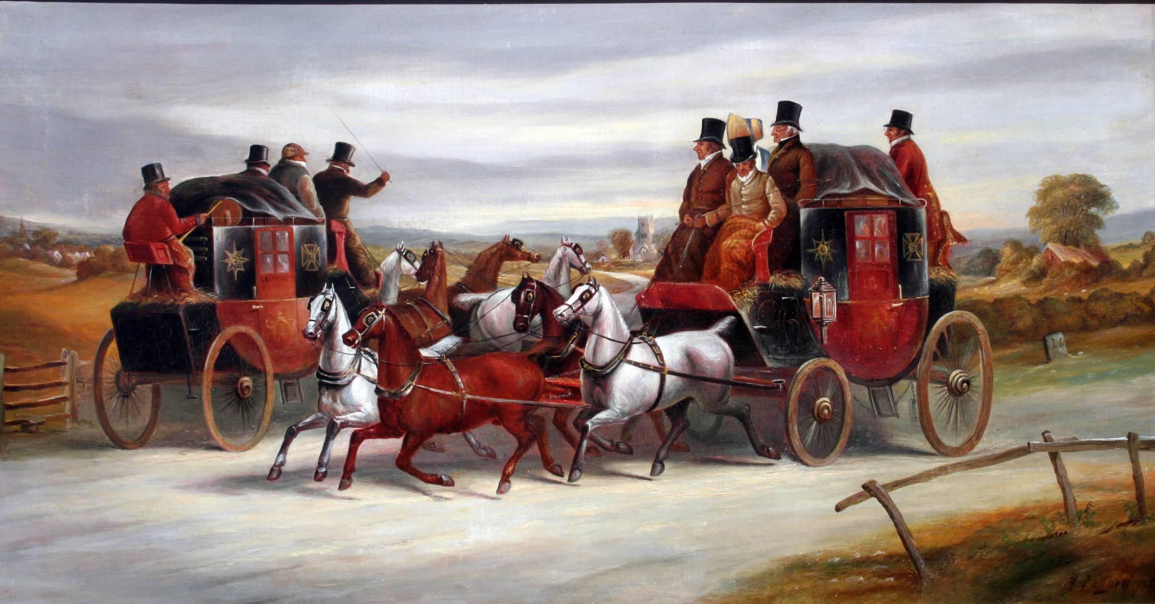 

James Pollard
(British 1792-1867). 

The London to Oxford Coaches 
at Mile Marker 24. 

Oil-on-canvas, signed lower right. 

$18,500.

Painting: 17” x 32”.
Frame: 23 ½” x 38 1/4”.

 Pollard was an engraver and sporting artist noted