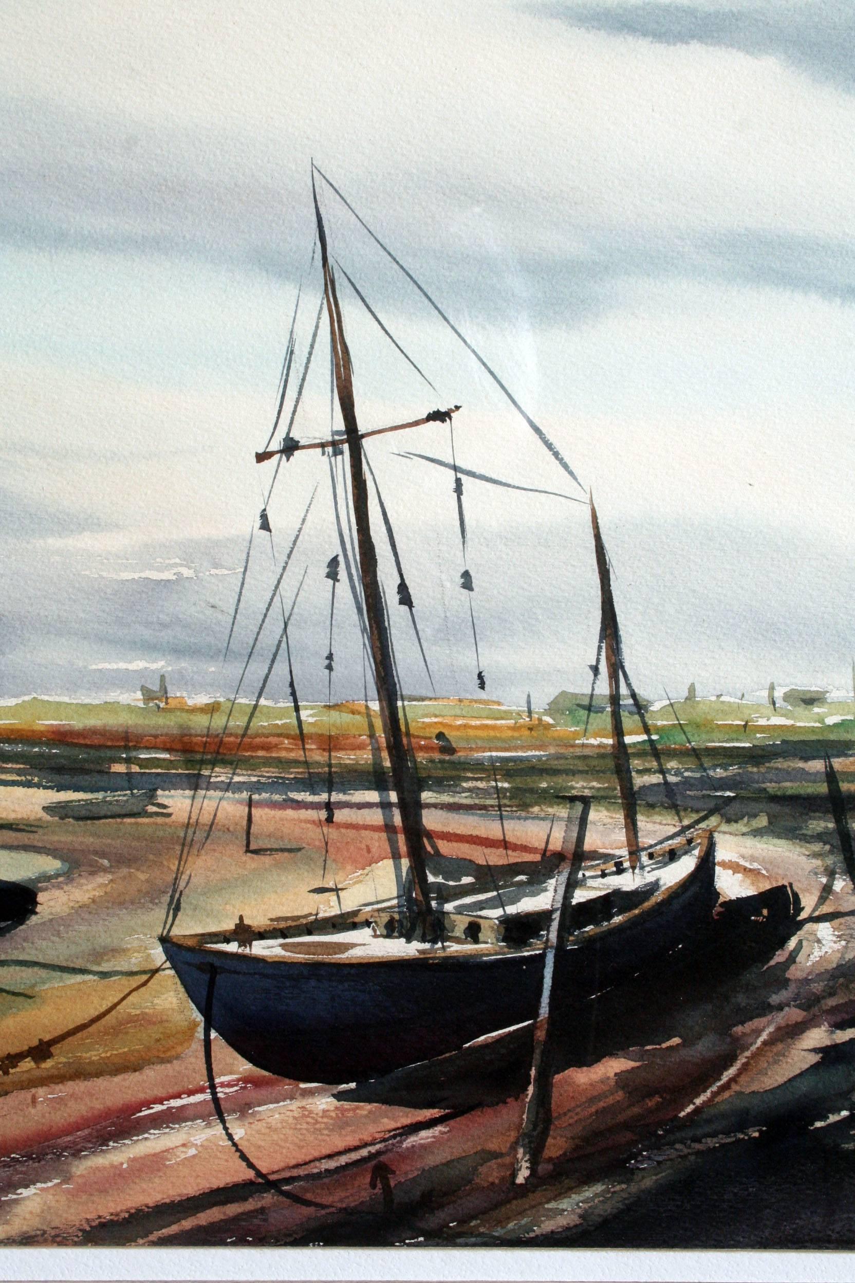 American Watercolor of Beached Boats by Paul Sample For Sale