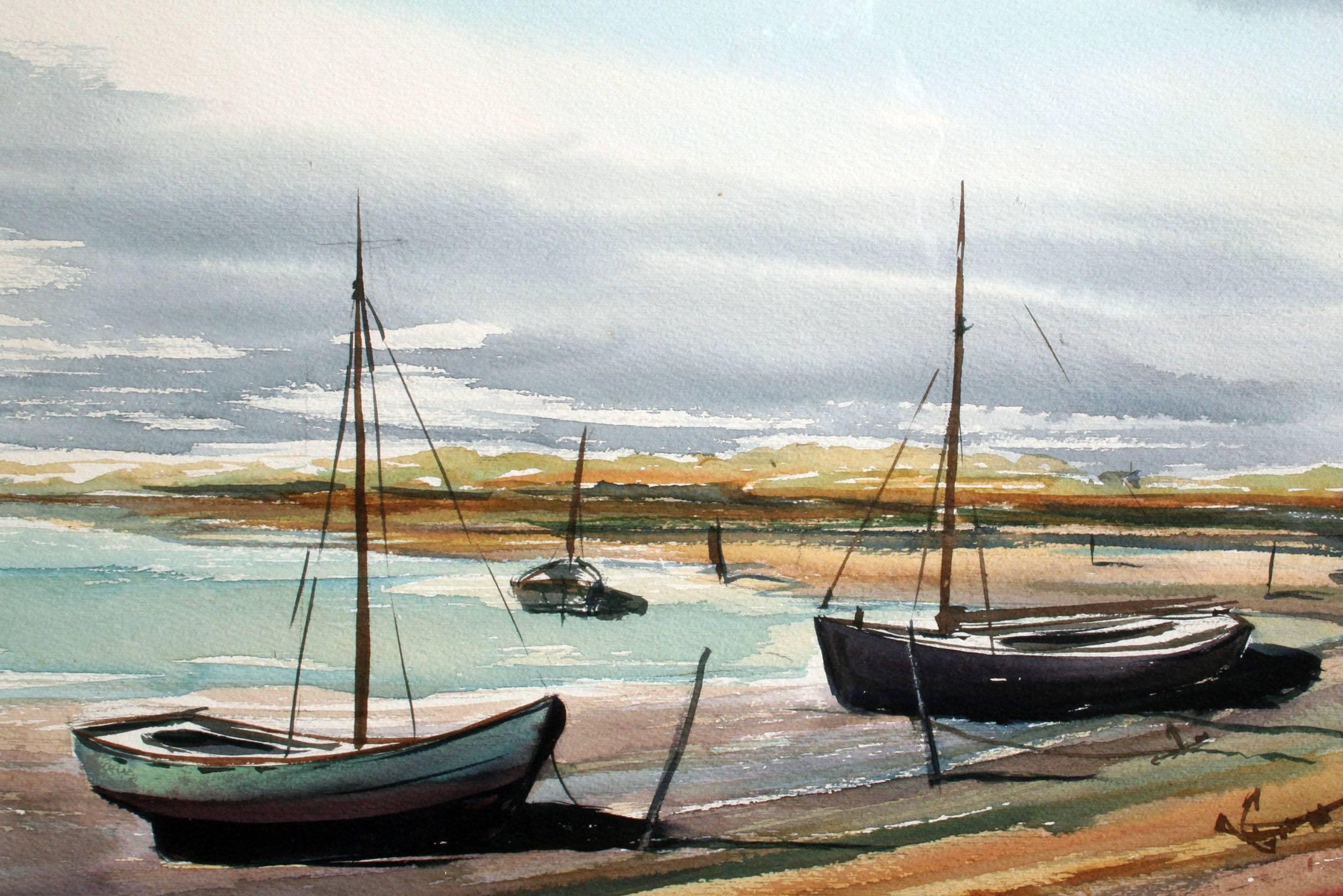 Watercolor of Beached Boats by Paul Sample In Good Condition For Sale In Alexandria, VA