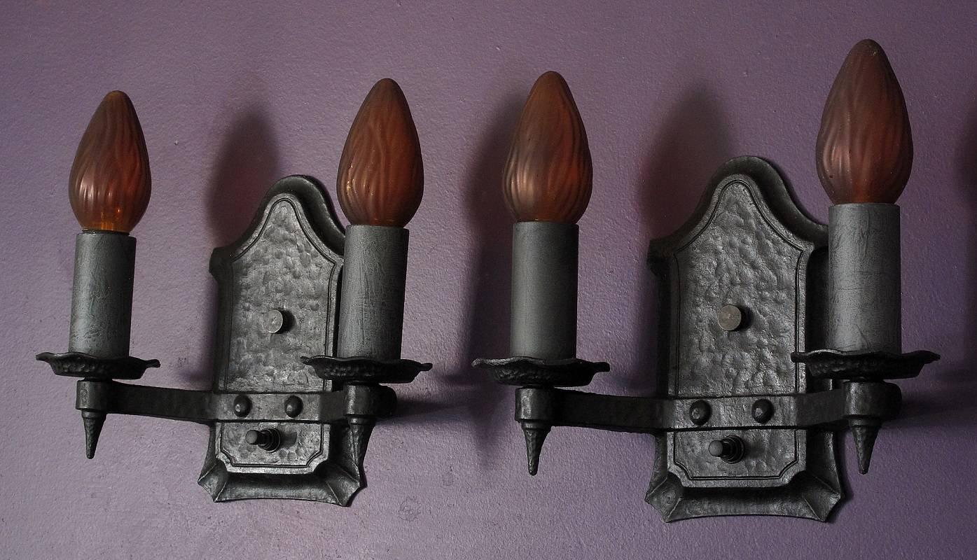 American Pair of 1920s Cast Iron Sconces For Sale