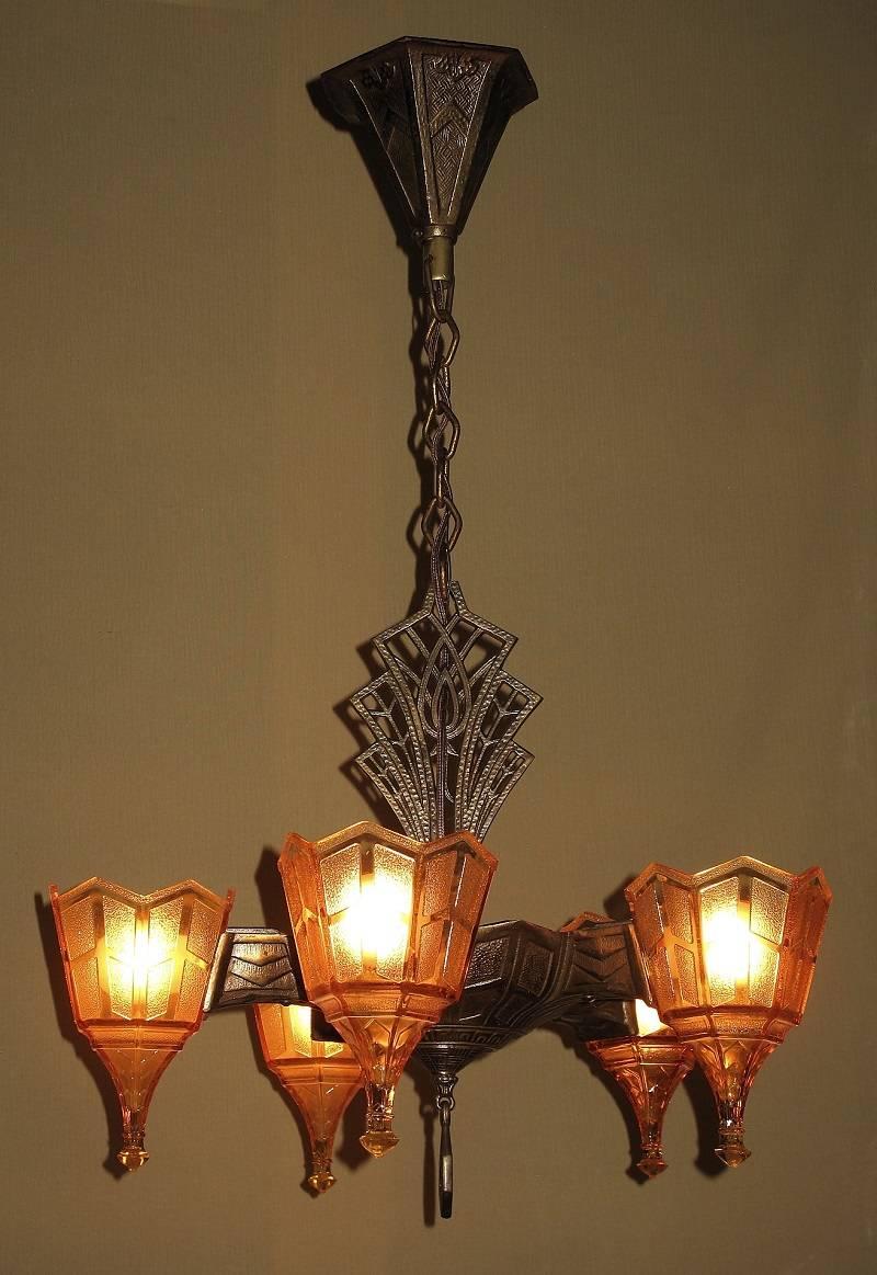 Art Deco Five Shade Vintage 1920s Tudor Fixture, Original Copper over Cast Iron Finish For Sale