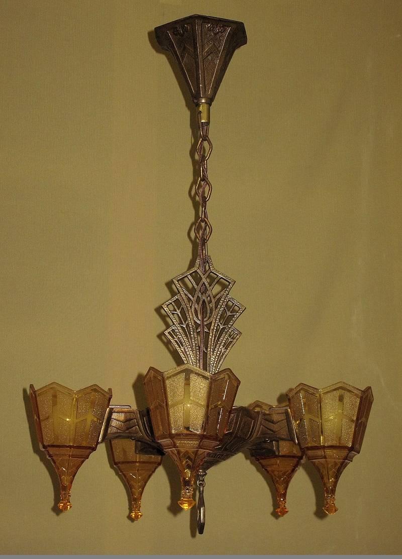 20th Century Five Shade Vintage 1920s Tudor Fixture, Original Copper over Cast Iron Finish For Sale