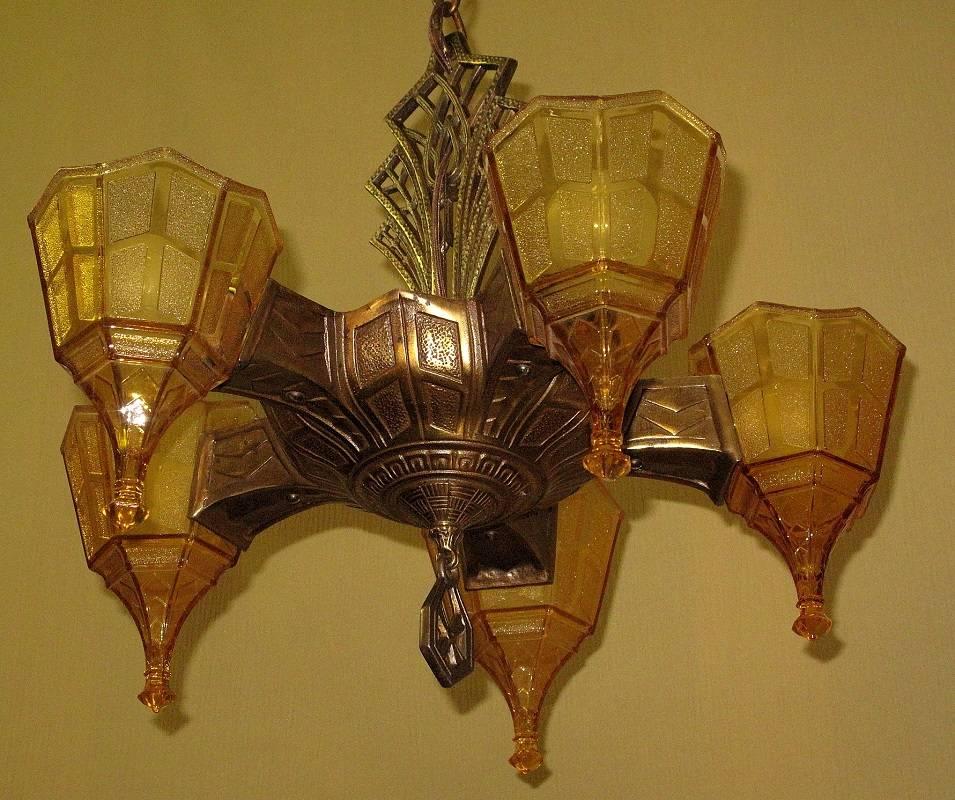 Five Shade Vintage 1920s Tudor Fixture, Original Copper over Cast Iron Finish For Sale 1