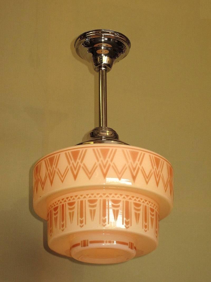 Painted 1930s Tan Art Deco Design on Tiered Custard Glass Shade