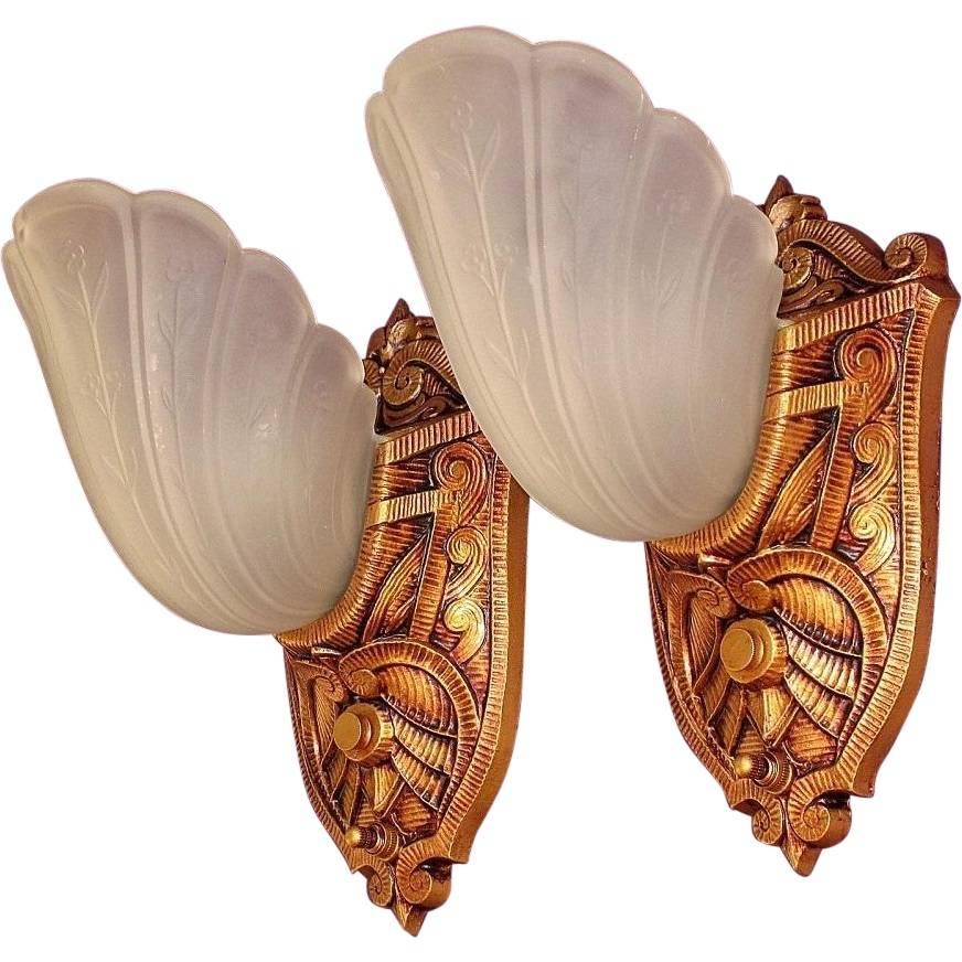 Early 20th Century Pair of Slip Shade Sconces, 1920s-1930s For Sale