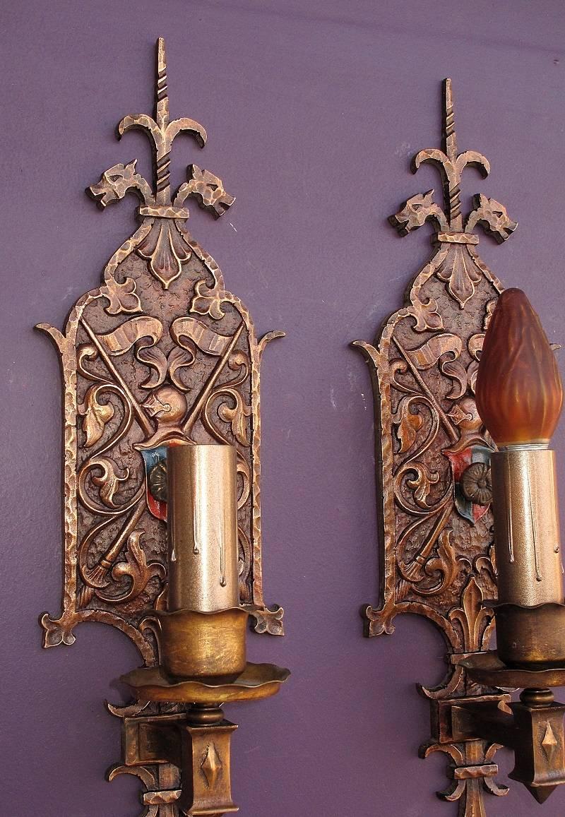 American Large Bronze Single Bulb Revival Sconces with Dragons