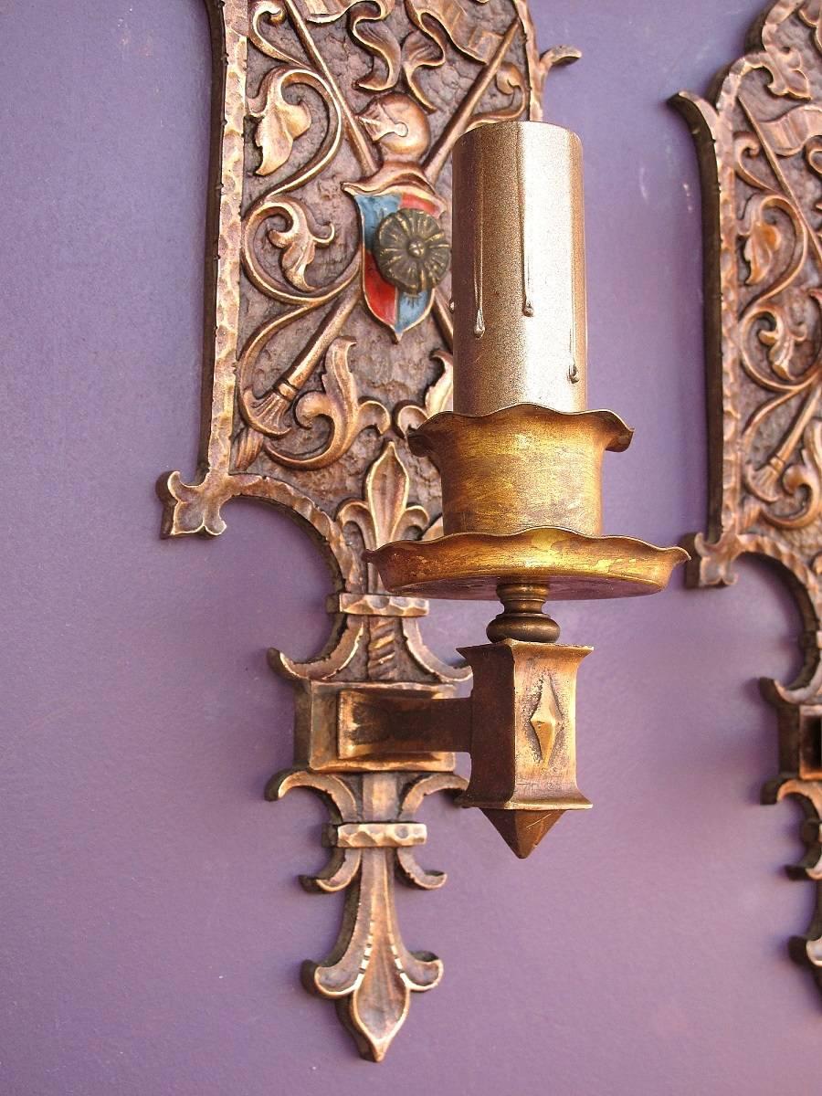 Patinated Large Bronze Single Bulb Revival Sconces with Dragons