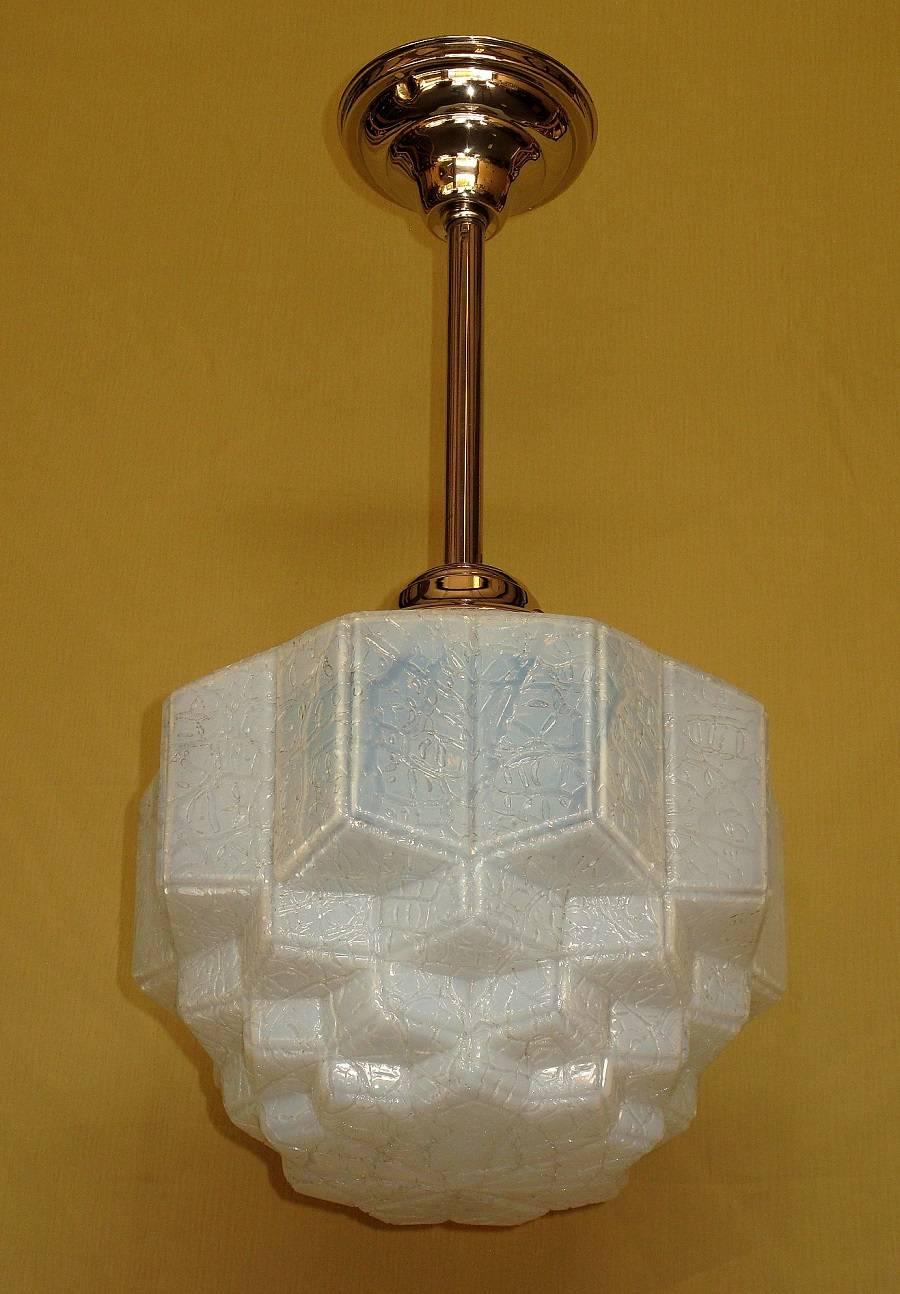 Molded Milky Blue Crackle Glass Fixture, 1920s