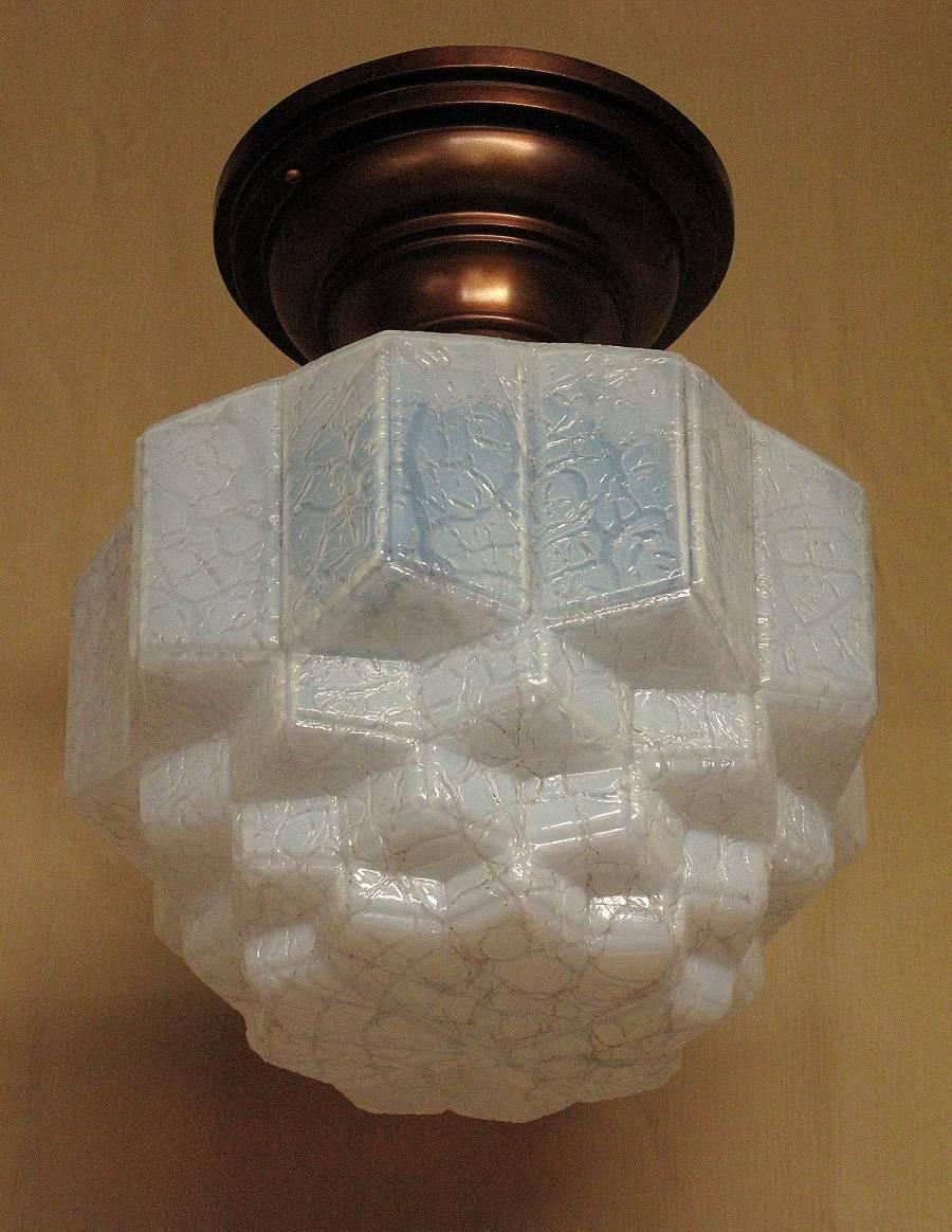 Arts and Crafts Milky Blue Crackle Glass Fixture, 1920s