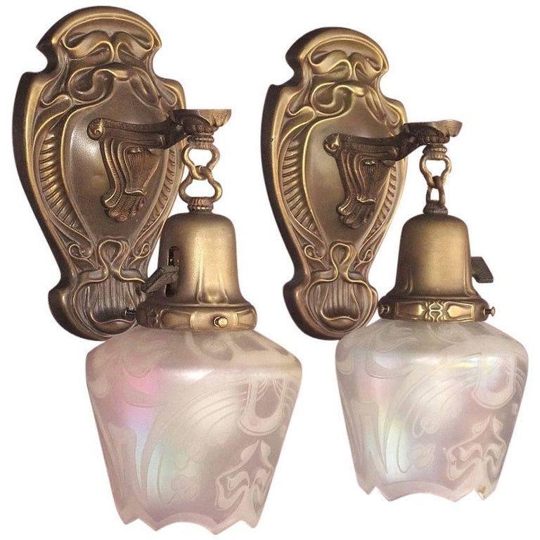 Art Nouveau Sconces with Iridescent Acid Etched Glass Shades, circa
