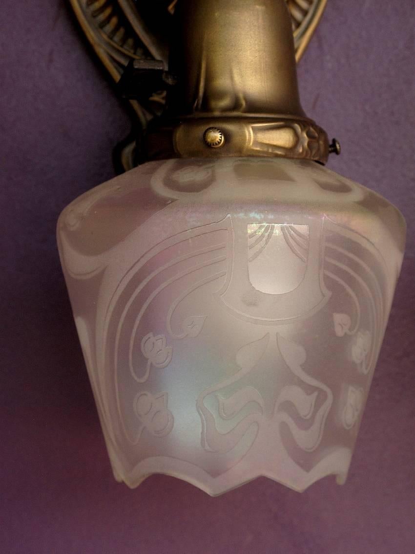 Brass Art Nouveau Sconces with Iridescent Acid Etched Glass Shades, circa 1912
