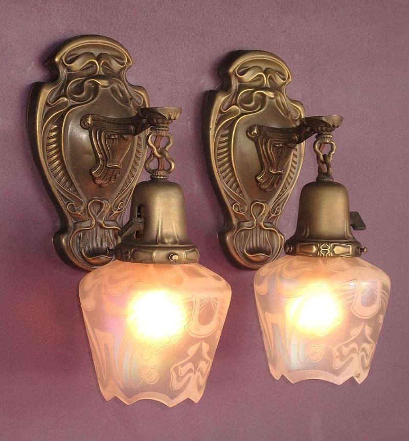 Art Nouveau Sconces with Iridescent Acid Etched Glass Shades, circa 1912 1