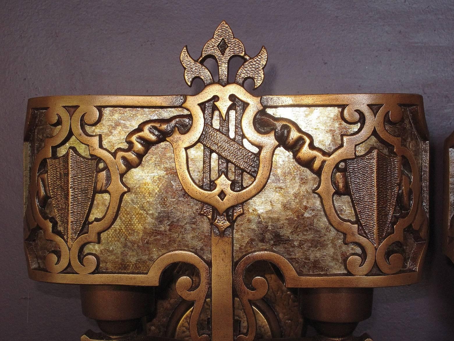 Patinated 1920s Tudor Gothic Sconces with New Mica Shade ADA