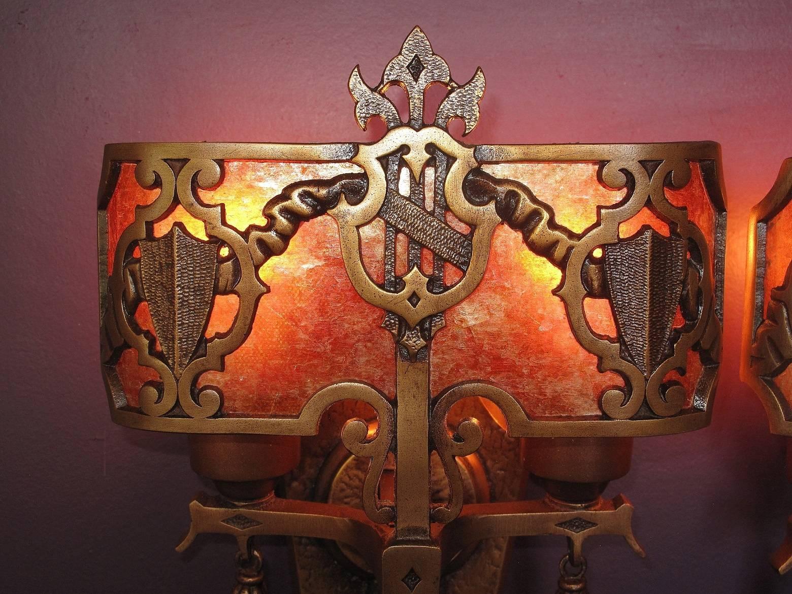 Early 20th Century 1920s Tudor Gothic Sconces with New Mica Shade ADA