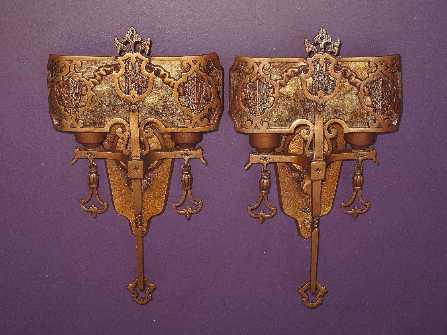 Revival 1920s Tudor Gothic Sconces with New Mica Shade ADA