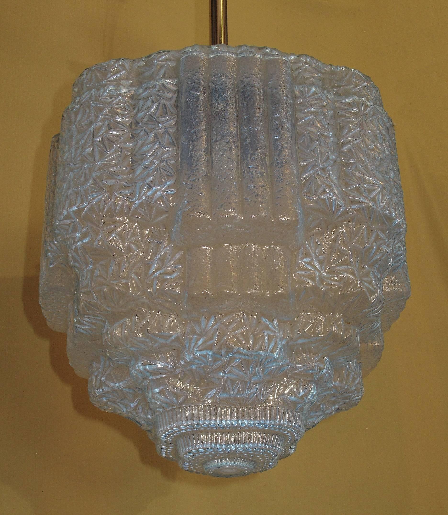 Plated Blue Ice Deco Ceiling Fixture, circa 1930