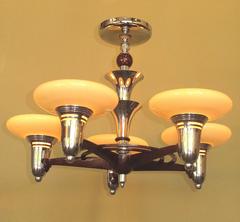 Vintage Midcentury Five-Light Fixture Chrome Burgundy with Custard Slip Shades