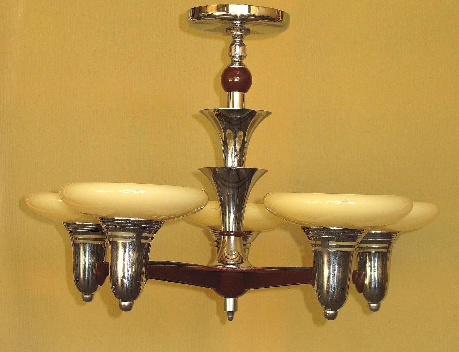 Mid-Century Modern Vintage Midcentury Five-Light Fixture Chrome Burgundy with Custard Slip Shades For Sale