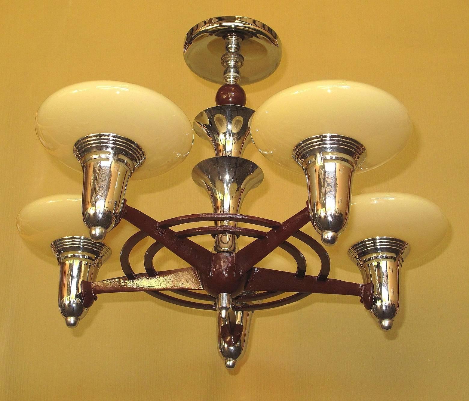 Cast Vintage Midcentury Five-Light Fixture Chrome Burgundy with Custard Slip Shades For Sale