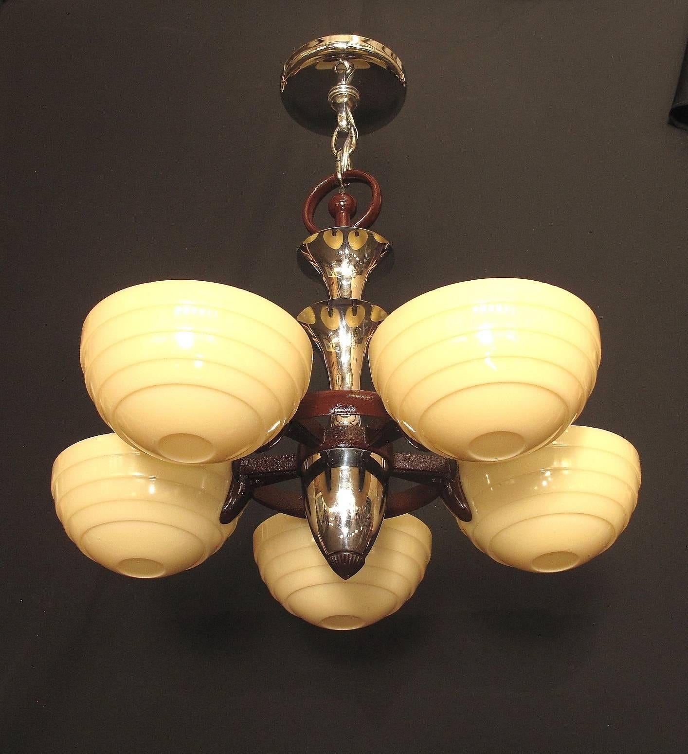 American Mid Century 5 Light Cast Iron Ceiling Fixture 1930s  For Sale