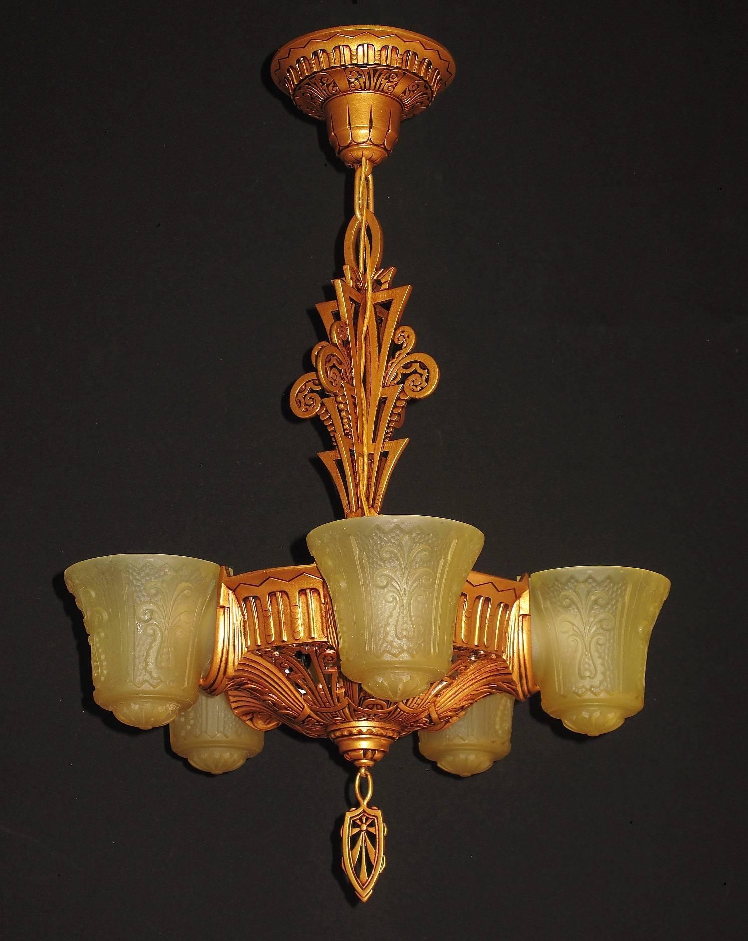 American Beardslee Slip Shade Fixture Antique Golden with Amber Shades For Sale