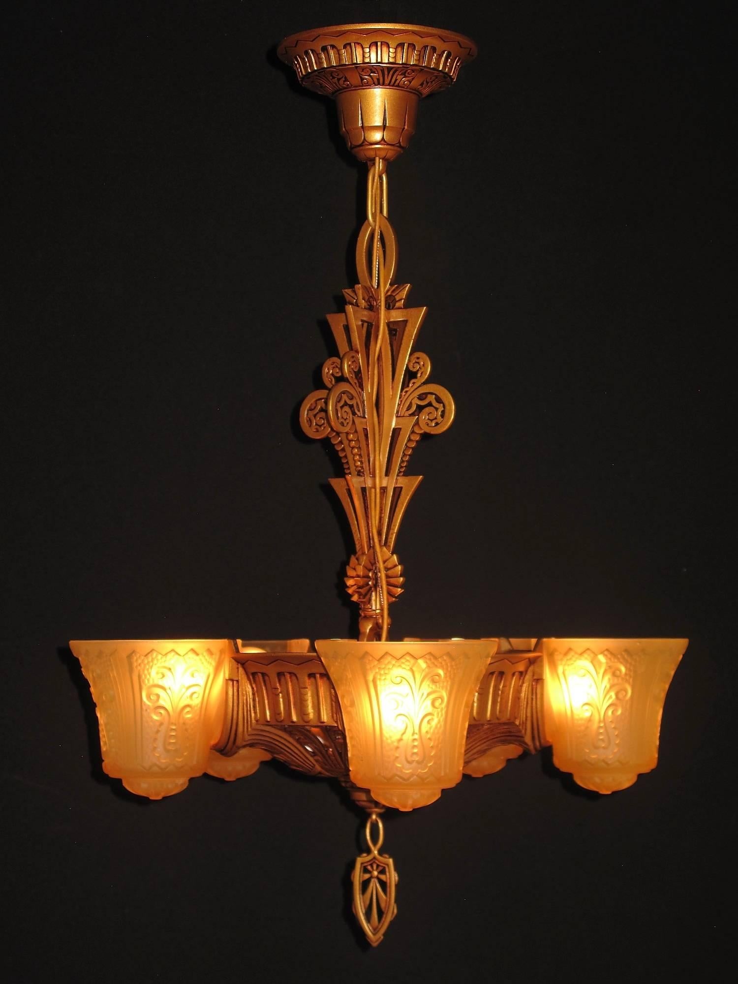 Art Deco Beardslee Slip Shade Fixture Antique Golden with Amber Shades For Sale