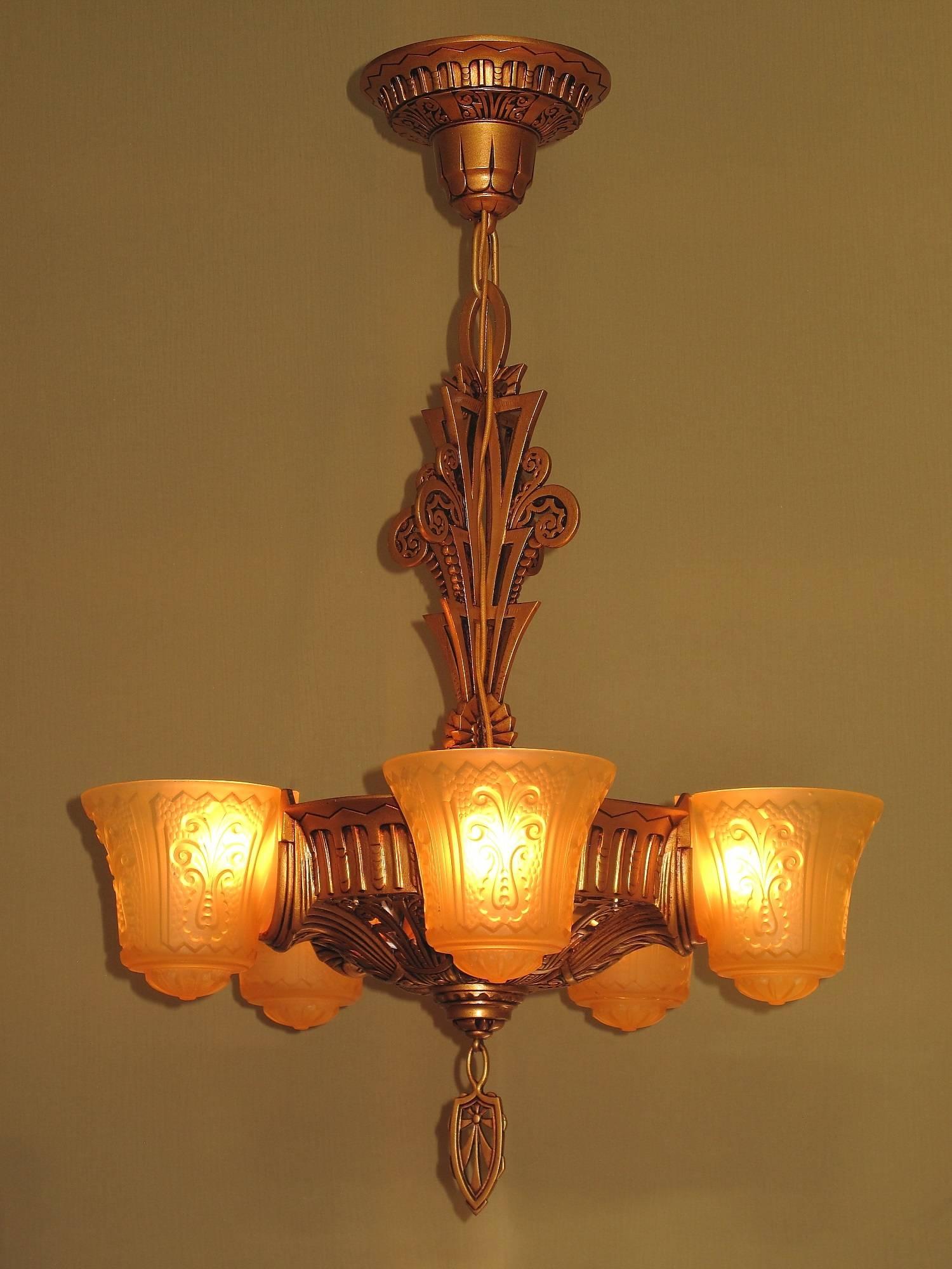Painted Beardslee Slip Shade Fixture Antique Golden with Amber Shades For Sale
