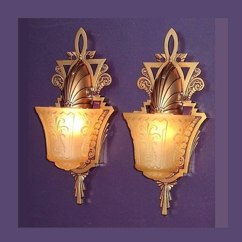 Beardslee Slip Shade Fixture Antique Golden with Amber Shades For Sale 1